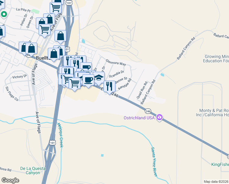 map of restaurants, bars, coffee shops, grocery stores, and more near 344 Kendale Road in Buellton
