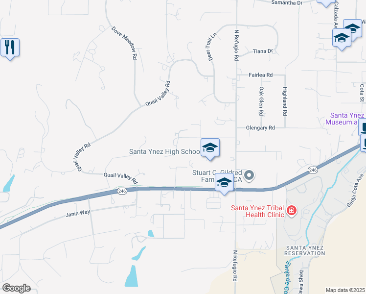 map of restaurants, bars, coffee shops, grocery stores, and more near 965 Stadium Place in Solvang