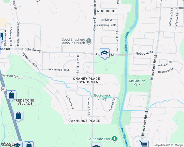 map of restaurants, bars, coffee shops, grocery stores, and more near 13600 Chaney Thompson Road Southeast in Huntsville