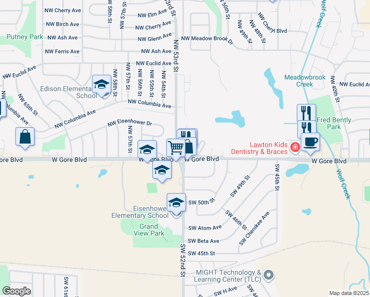 map of restaurants, bars, coffee shops, grocery stores, and more near 4645 West Gore Boulevard in Lawton