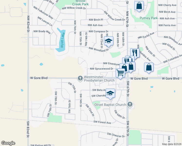map of restaurants, bars, coffee shops, grocery stores, and more near 6941 West Gore Boulevard in Lawton