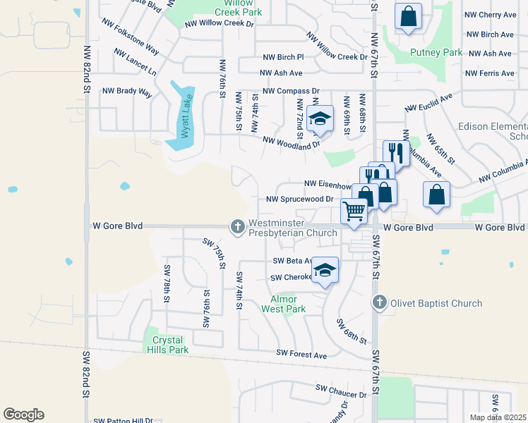 map of restaurants, bars, coffee shops, grocery stores, and more near 6941 West Gore Boulevard in Lawton