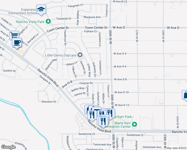 map of restaurants, bars, coffee shops, grocery stores, and more near 40015 Palmetto Drive in Palmdale
