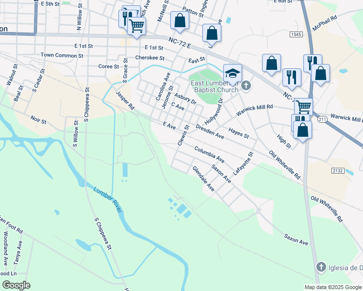 map of restaurants, bars, coffee shops, grocery stores, and more near 402 Columbia Avenue in Lumberton