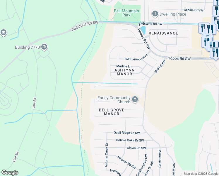 map of restaurants, bars, coffee shops, grocery stores, and more near 2649 Ashtynn Place Southwest in Huntsville