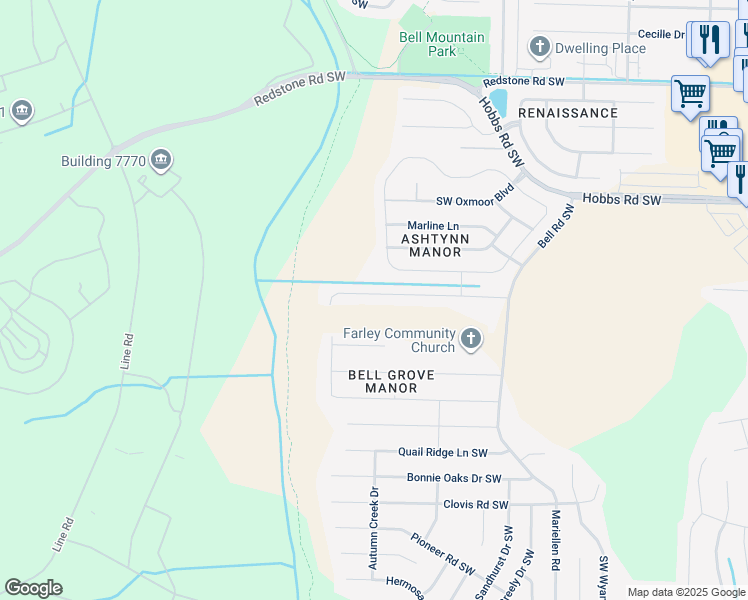 map of restaurants, bars, coffee shops, grocery stores, and more near 2649 Ashtynn Place Southwest in Huntsville