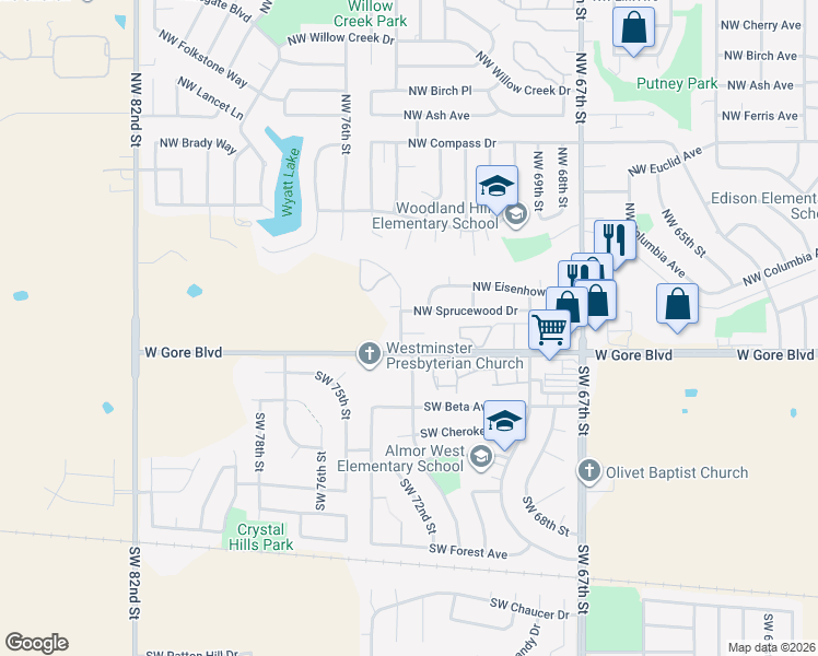 map of restaurants, bars, coffee shops, grocery stores, and more near 6941 West Gore Boulevard in Lawton