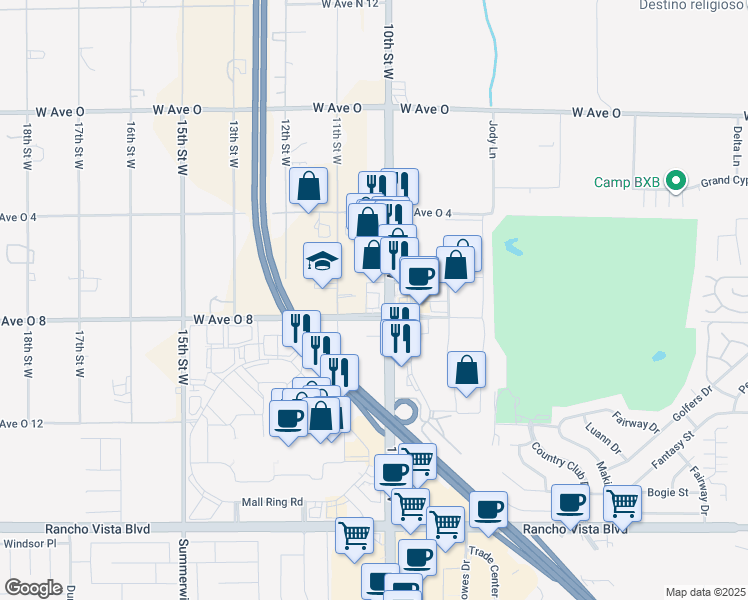map of restaurants, bars, coffee shops, grocery stores, and more near 40005 10th Street West in Palmdale