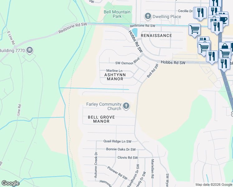 map of restaurants, bars, coffee shops, grocery stores, and more near 2623 Ashtynn Place Southwest in Huntsville