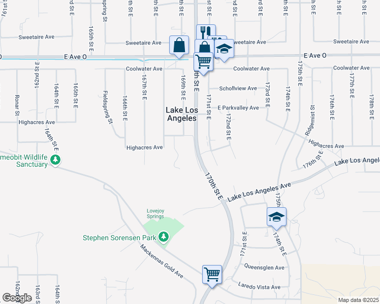 map of restaurants, bars, coffee shops, grocery stores, and more near 170th Street East in Lake Los Angeles
