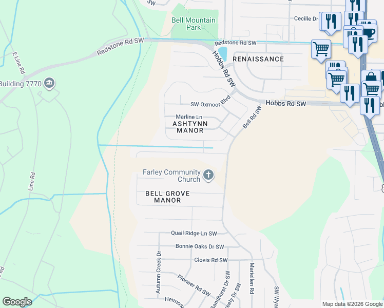 map of restaurants, bars, coffee shops, grocery stores, and more near 2623 Ashtynn Place Southwest in Huntsville