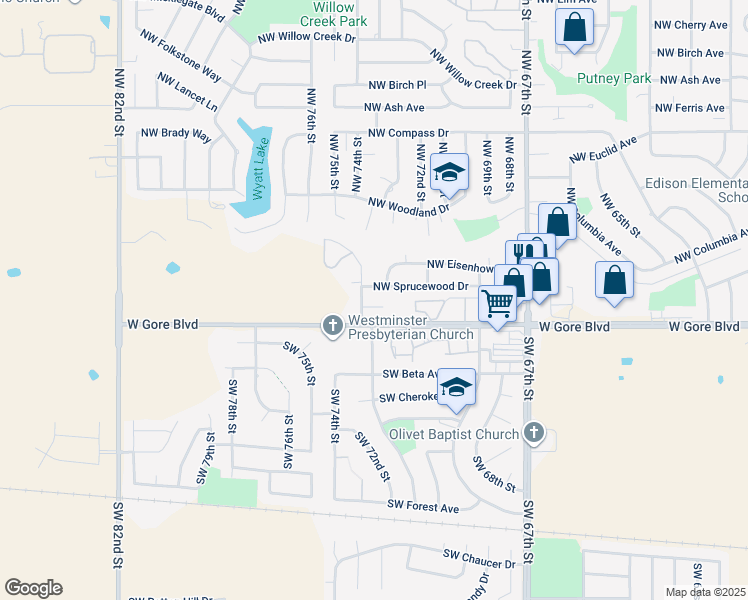 map of restaurants, bars, coffee shops, grocery stores, and more near 6941 West Gore Boulevard in Lawton