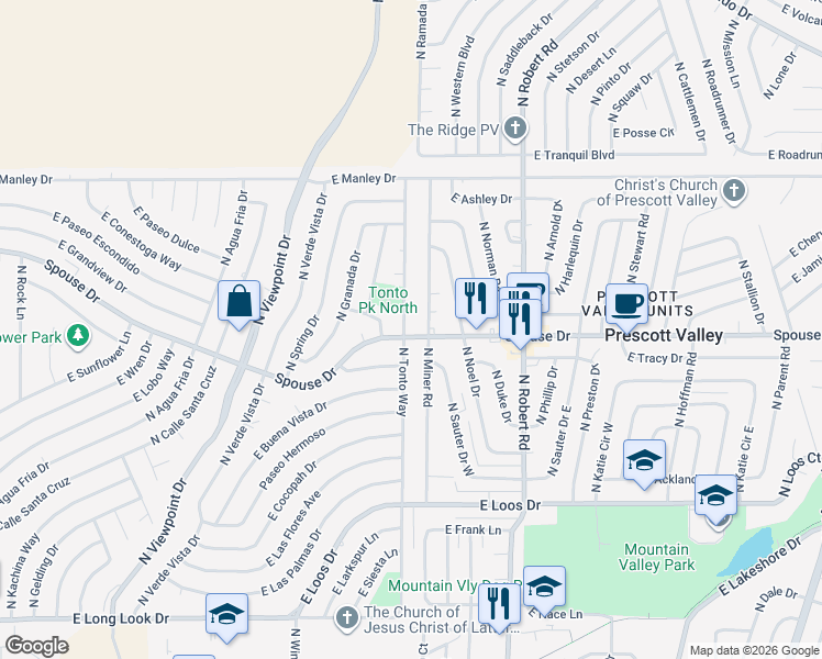 map of restaurants, bars, coffee shops, grocery stores, and more near 4594 North Miner Road in Prescott Valley