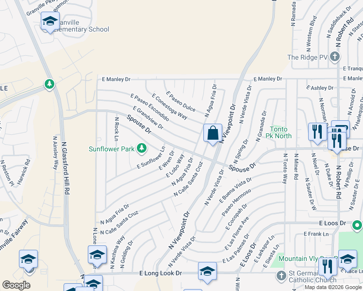 map of restaurants, bars, coffee shops, grocery stores, and more near 7383 East Wren Drive in Prescott Valley