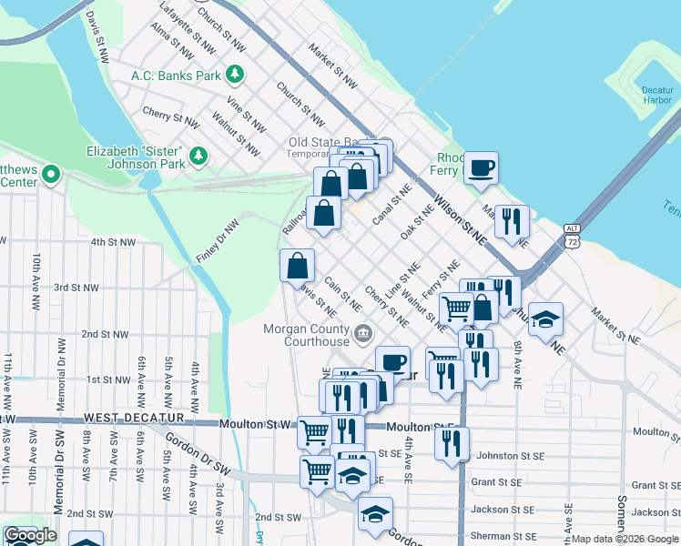 map of restaurants, bars, coffee shops, grocery stores, and more near 314 Canal Street Northeast in Decatur