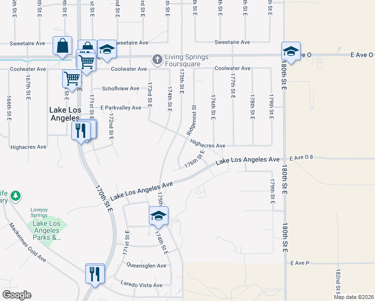 map of restaurants, bars, coffee shops, grocery stores, and more near 40054 Ridgemist Street in Palmdale