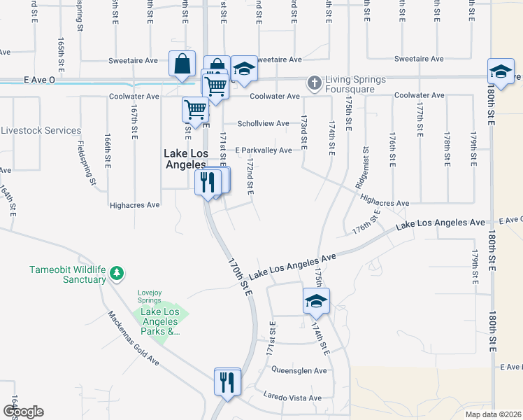 map of restaurants, bars, coffee shops, grocery stores, and more near 40022 172nd Street East in Palmdale
