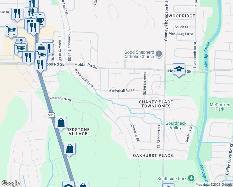 map of restaurants, bars, coffee shops, grocery stores, and more near 2451 Hamilton Drive Southeast in Huntsville