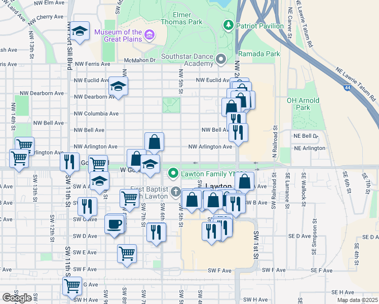 map of restaurants, bars, coffee shops, grocery stores, and more near 401 West Gore Boulevard in Lawton