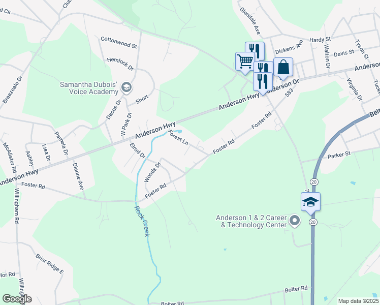map of restaurants, bars, coffee shops, grocery stores, and more near 105 Wade Road in Williamston