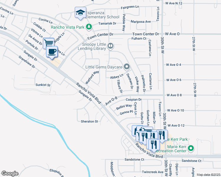 map of restaurants, bars, coffee shops, grocery stores, and more near 40029 Chalfont Court in Palmdale
