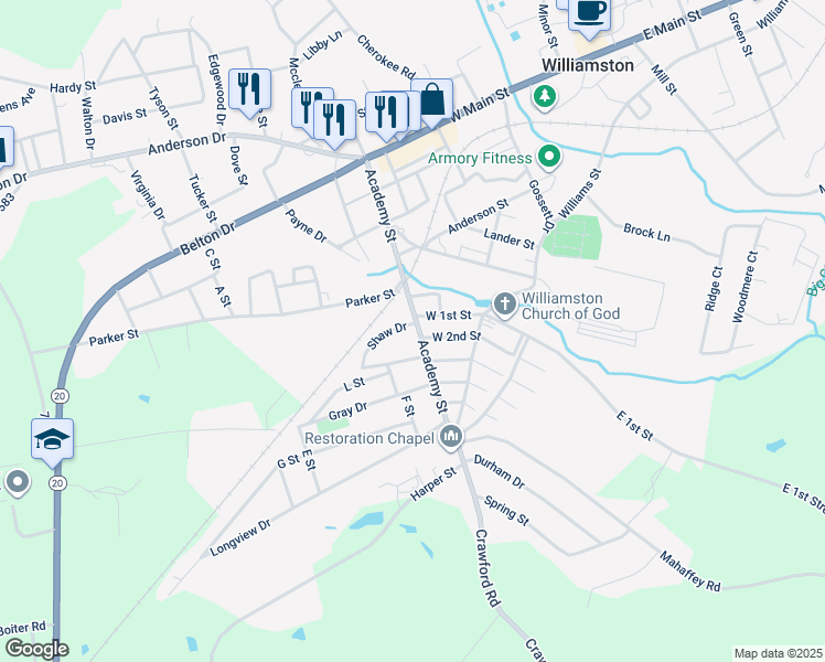 map of restaurants, bars, coffee shops, grocery stores, and more near 600 Academy Street in Williamston