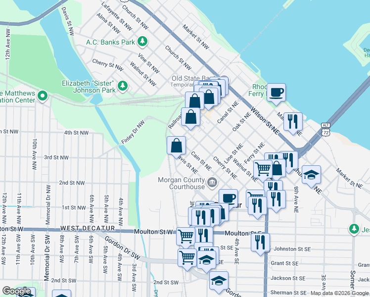 map of restaurants, bars, coffee shops, grocery stores, and more near 314 Canal Street Northeast in Decatur