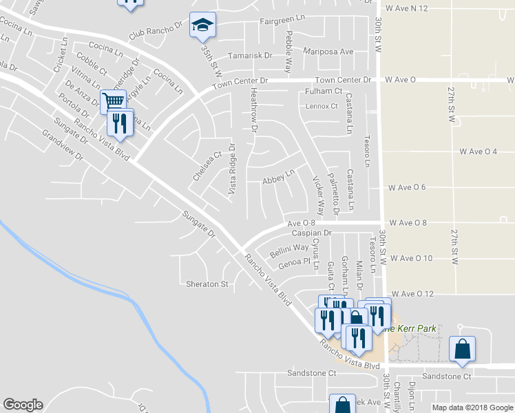 map of restaurants, bars, coffee shops, grocery stores, and more near 40029 Chalfont Court in Palmdale