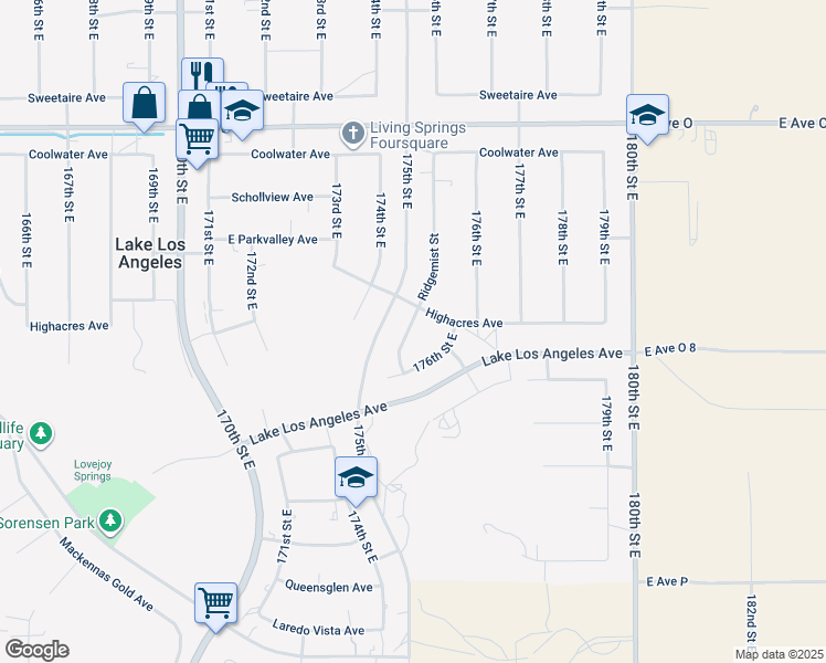 map of restaurants, bars, coffee shops, grocery stores, and more near 40054 Ridgemist Street in Palmdale