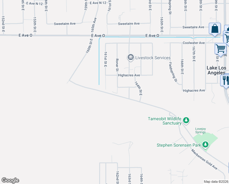 map of restaurants, bars, coffee shops, grocery stores, and more near 40100 161st Street East in Palmdale