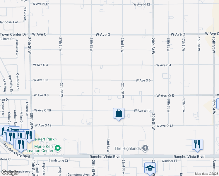 map of restaurants, bars, coffee shops, grocery stores, and more near 2259 West Avenue O 8 in Palmdale