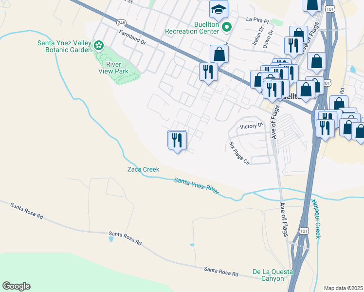 map of restaurants, bars, coffee shops, grocery stores, and more near 35 Industrial Way in Buellton
