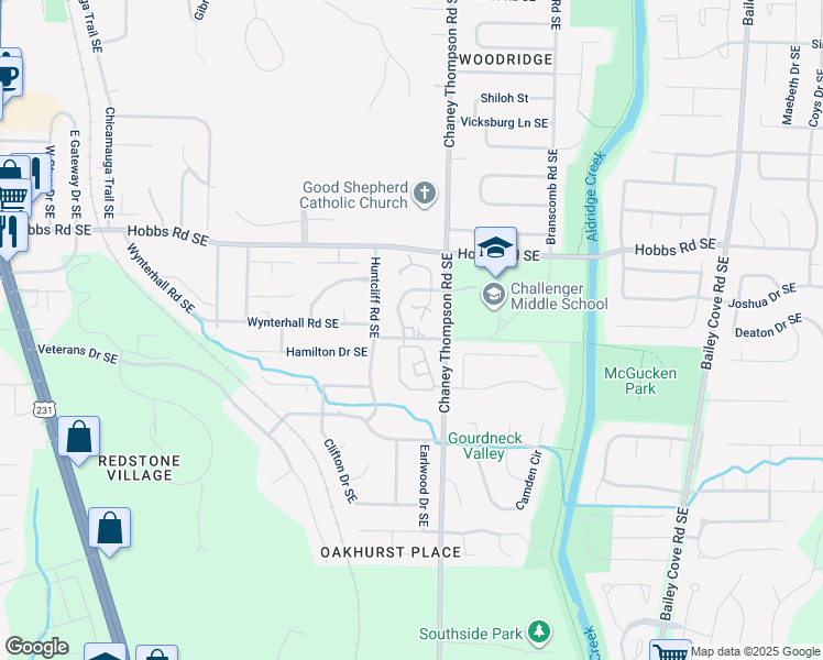 map of restaurants, bars, coffee shops, grocery stores, and more near 2700 Lantern Walk Southeast in Huntsville