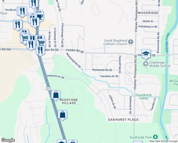 map of restaurants, bars, coffee shops, grocery stores, and more near 2443 Hamilton Drive Southeast in Huntsville