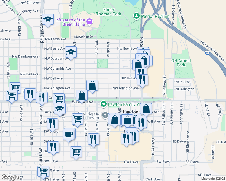 map of restaurants, bars, coffee shops, grocery stores, and more near 401 West Gore Boulevard in Lawton