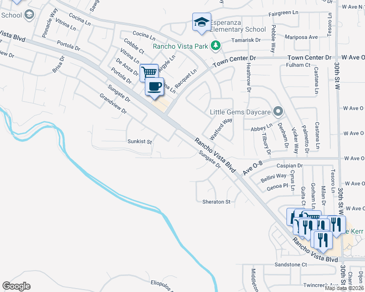 map of restaurants, bars, coffee shops, grocery stores, and more near 40028 Bluff Court in Palmdale