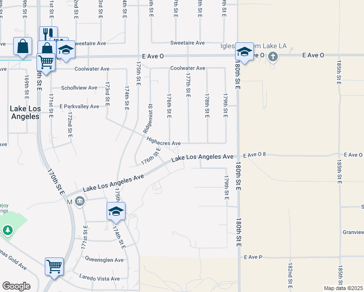 map of restaurants, bars, coffee shops, grocery stores, and more near 17644 Highacres Avenue in Lake Los Angeles