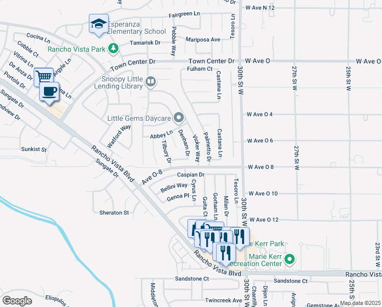 map of restaurants, bars, coffee shops, grocery stores, and more near 40034 Denham Drive in Palmdale