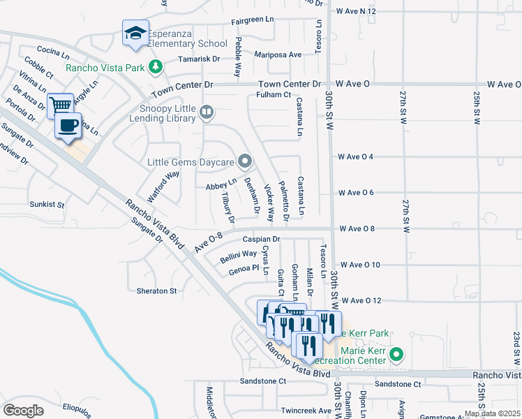 map of restaurants, bars, coffee shops, grocery stores, and more near 40034 Denham Drive in Palmdale