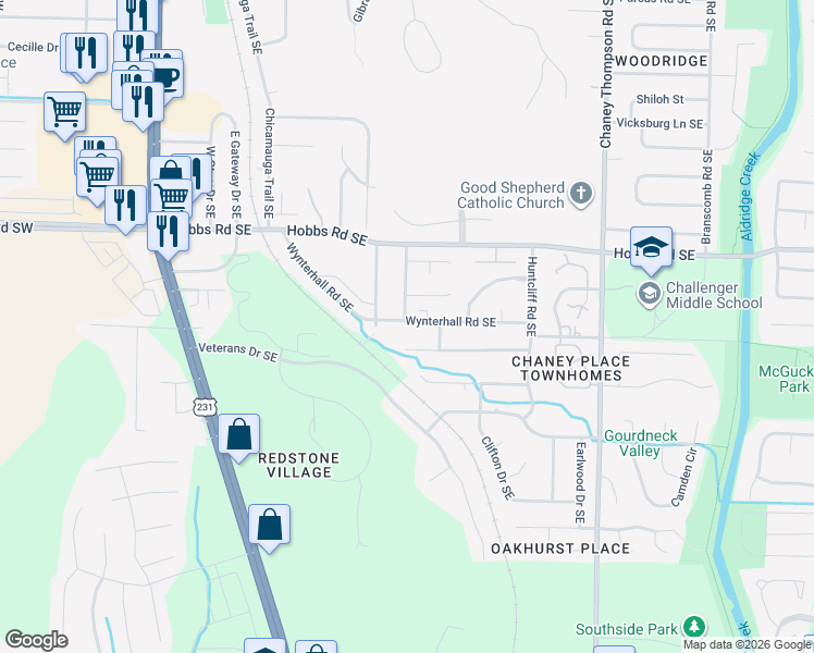 map of restaurants, bars, coffee shops, grocery stores, and more near 2443 Hamilton Drive Southeast in Huntsville