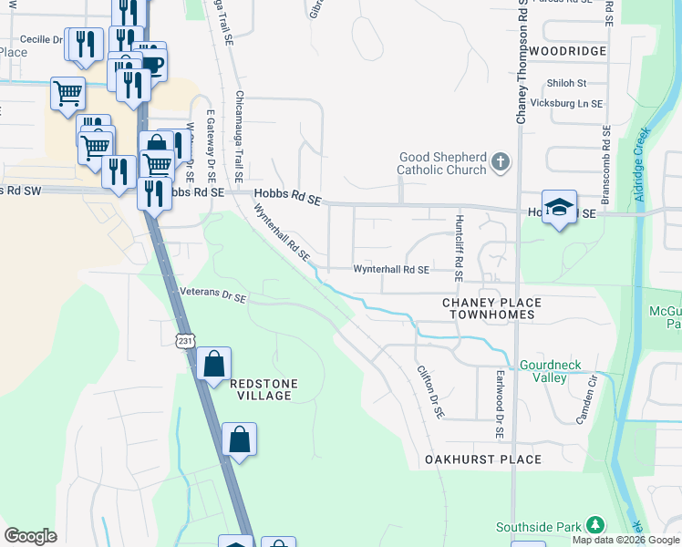 map of restaurants, bars, coffee shops, grocery stores, and more near 2443 Hamilton Drive Southeast in Huntsville