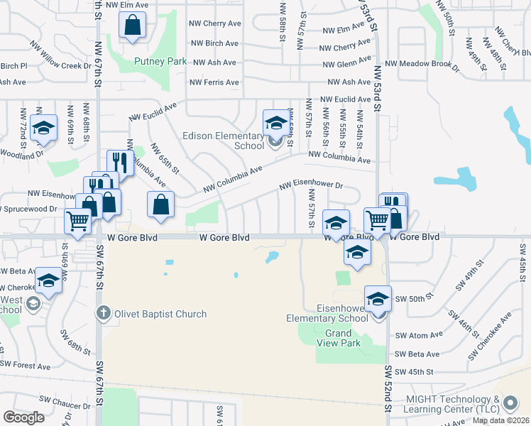 map of restaurants, bars, coffee shops, grocery stores, and more near 3 Northwest 60th Street in Lawton