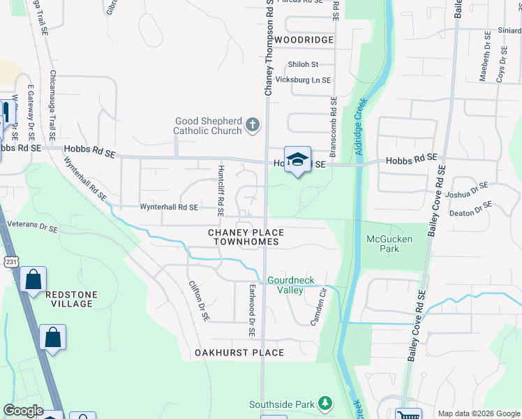 map of restaurants, bars, coffee shops, grocery stores, and more near 2422 Wynterhall Road Southeast in Huntsville
