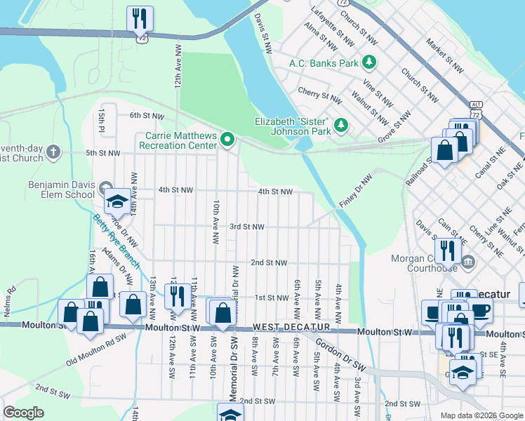 map of restaurants, bars, coffee shops, grocery stores, and more near 402 8th Avenue Southwest in Decatur