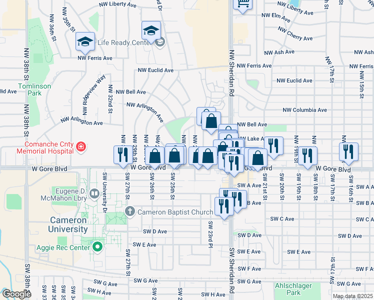 map of restaurants, bars, coffee shops, grocery stores, and more near 16 Northwest 24th Street in Lawton