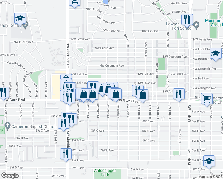 map of restaurants, bars, coffee shops, grocery stores, and more near 1809 Northwest Arlington Avenue in Lawton