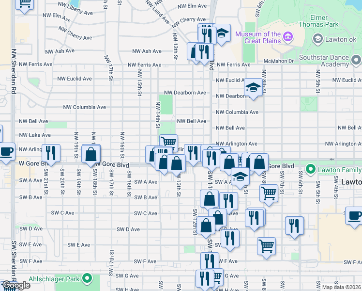 map of restaurants, bars, coffee shops, grocery stores, and more near 1214 Northwest Arlington Avenue in Lawton