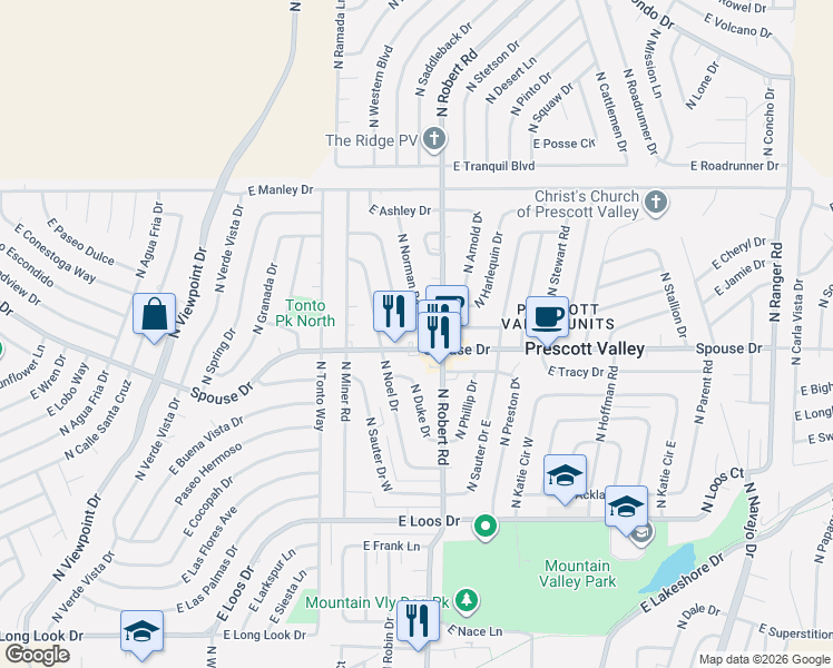 map of restaurants, bars, coffee shops, grocery stores, and more near 4596 North Robert Road in Prescott Valley