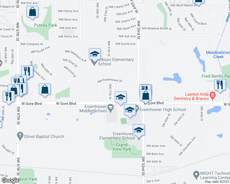 map of restaurants, bars, coffee shops, grocery stores, and more near 12 Northwest 56th Street in Lawton