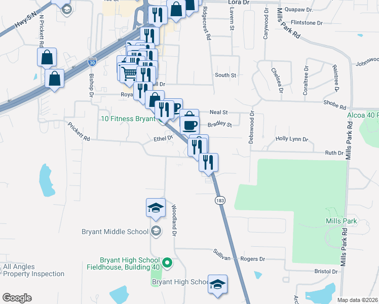 map of restaurants, bars, coffee shops, grocery stores, and more near 11817 North Reynolds Road in Bryant